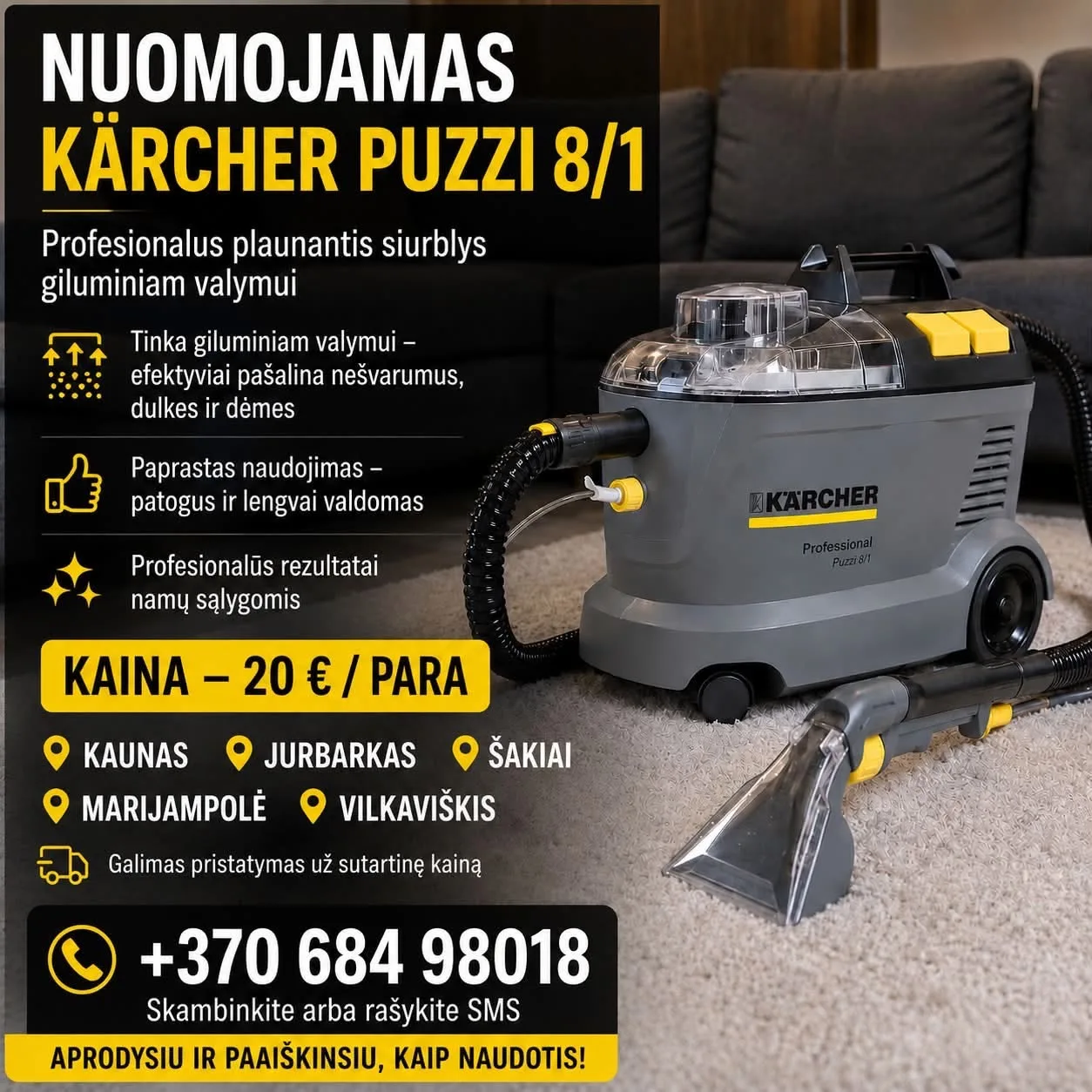 Plaunamo siurblio nuoma, baldu valymas, automobiliu cheminis salono valymas