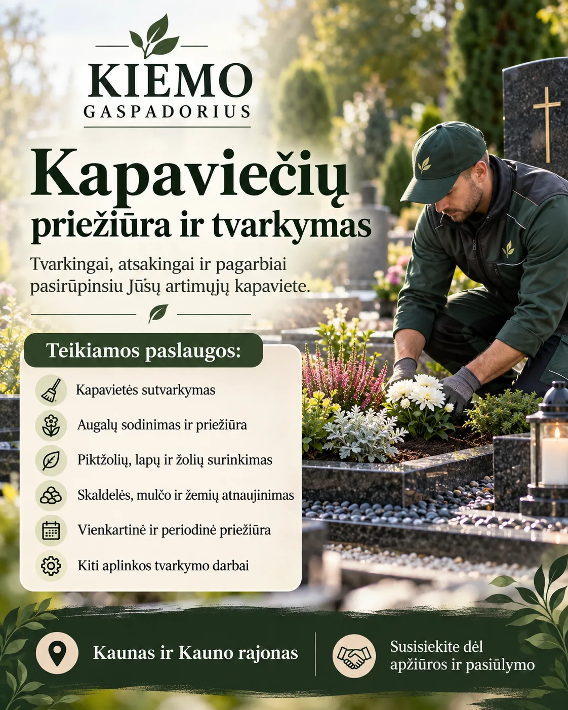 **KAPAVIEČIŲ PRIEŽIŪRA IR TVARKYMAS | KAUNAS IR KAUNO RAJONAS**  Pasirūpinsiu, kad Jūsų artimųjų kapavietė būtų tvarking