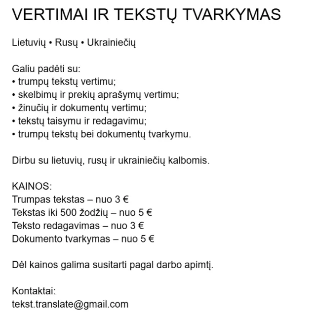 Vertimai ir tekstų redagavimas (rusų, lietuvių, ukrainiečių kalbos)
